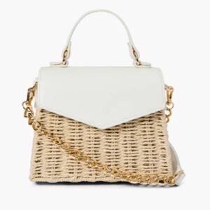 White & Natural Woven Top-Handle Shoulder Bag